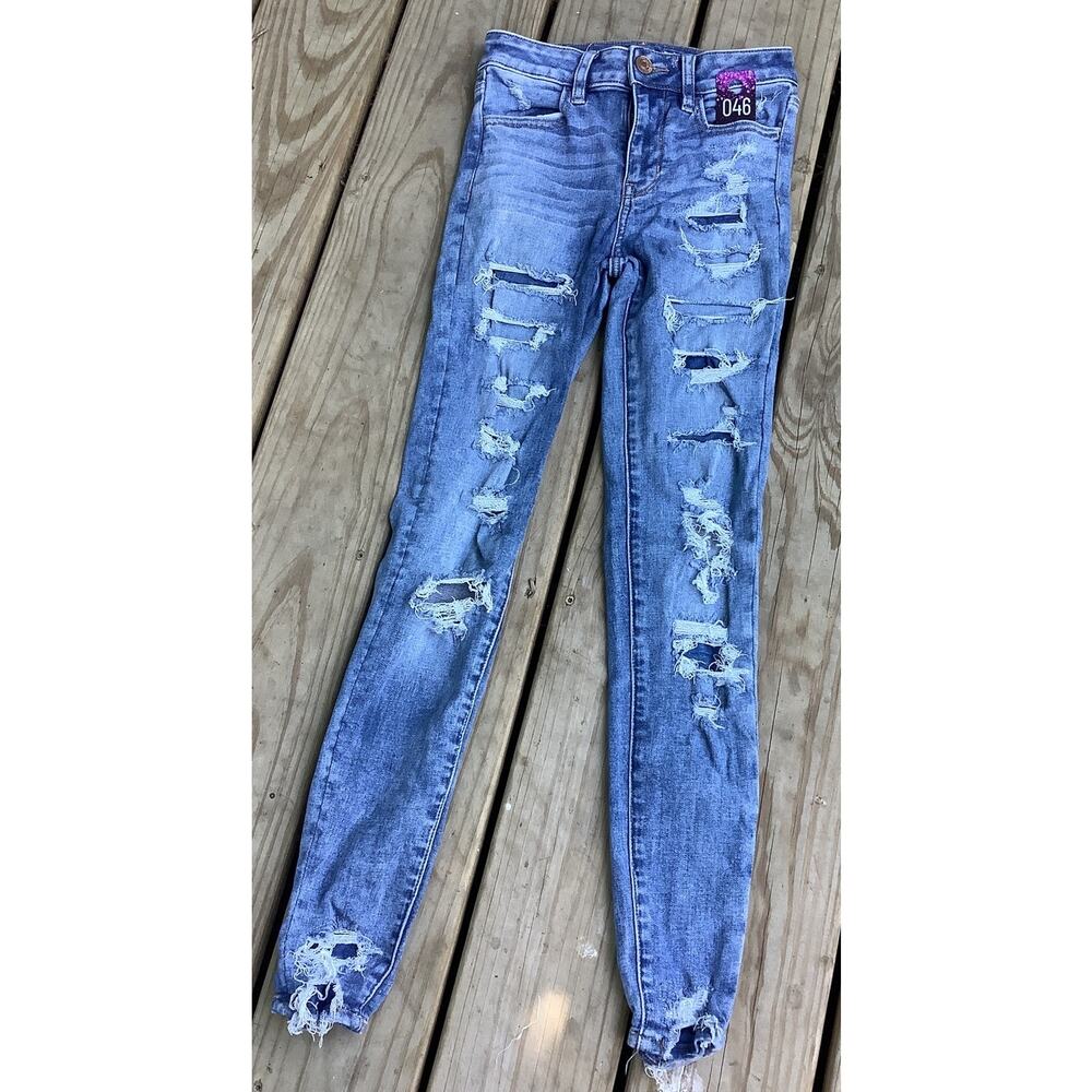 AE American Eagle High Rise Jegging Sz 0 Super Stretch Destroyed Skinny